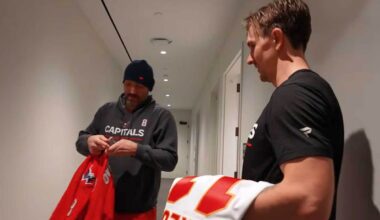 Alex Ovechkin and Mikael Backlund swap jerseys after recent Capitals-Flames game