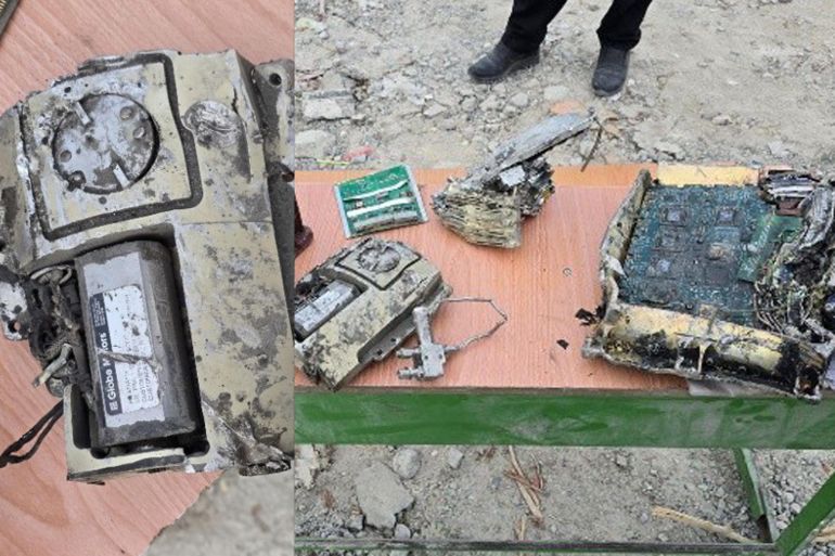 Fragments of a missile displayed on a table in Manib, Iran [Courtesy of Ali Bahreini]