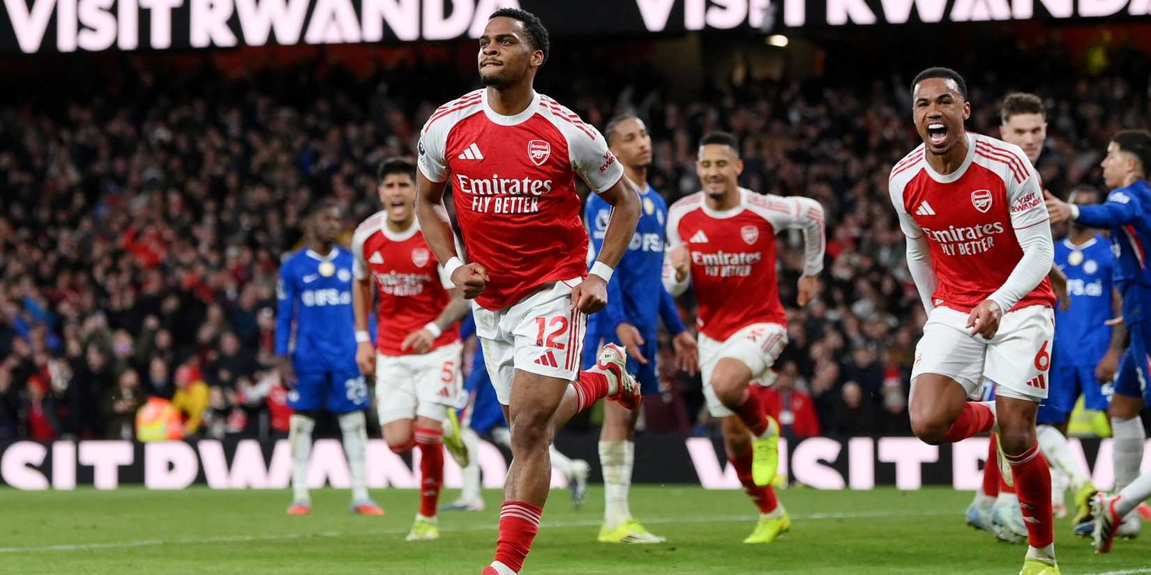 Jurrien Timber wheels away after scoring in Arsenal 2-1 Chelsea