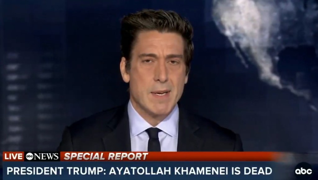 ABC's David Muir interrupts the Flyers-Bruins broadcast to report on the death of Iran's Ayatollah Ali Khamenei on Feb. 28, 2026.