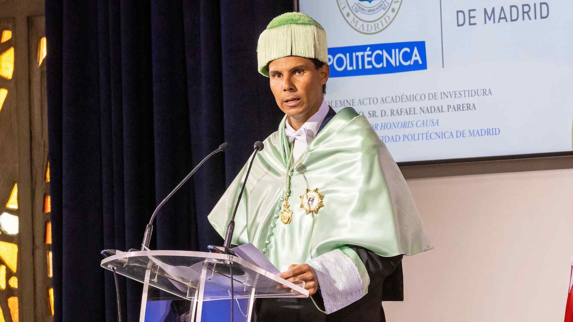 Rafael Nadal speaks at the Polytechnic University of Madrid on Tuesday. 
