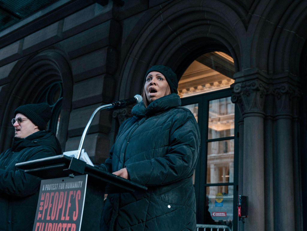 New York Attorney General Letitia James speaks at a protest against ICE in Manhattan.