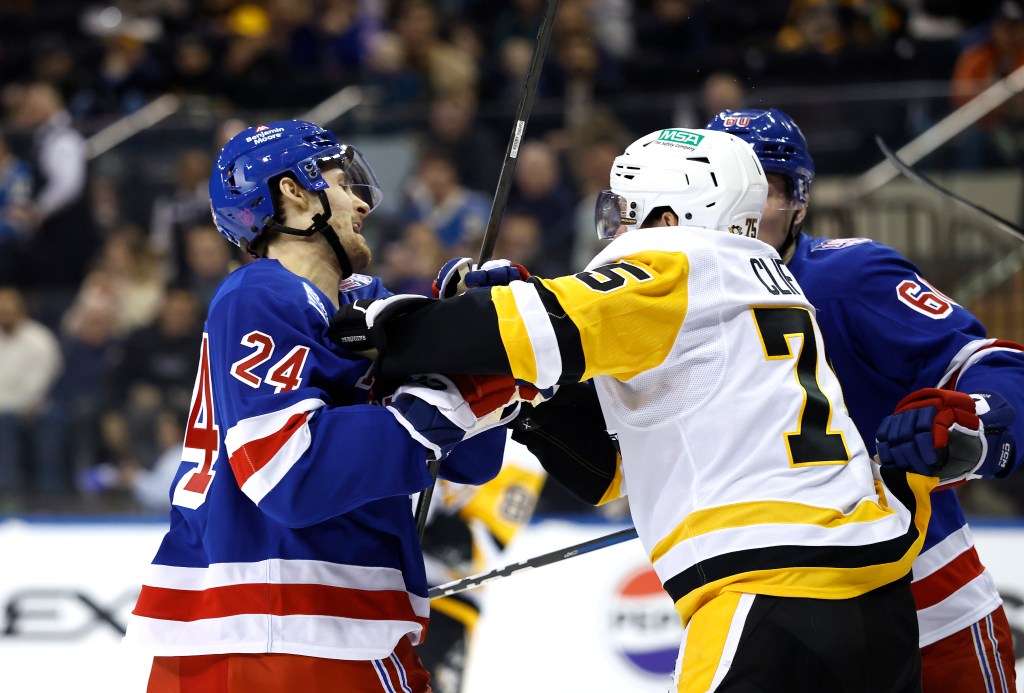 Rangers Tye Kartye gets into a scuffle with Pittsburgh Penguins defenseman Connor Clifton during the first period at Madison Square Garden in New York, New York, USA, Saturday, February 28, 2026.