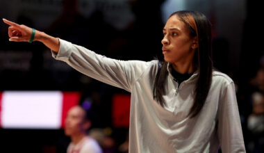 Nola Henry watches from the sideline during Rose BC’s Unrivaled 2026 game against Vinyl at Sephora Arena in Medley, Florida.