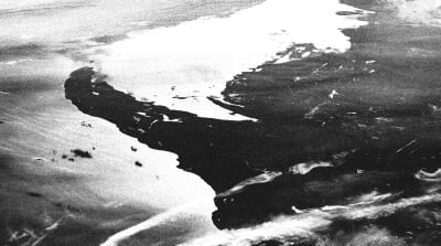 Black and white satellite view of the Keweenaw Peninsula.