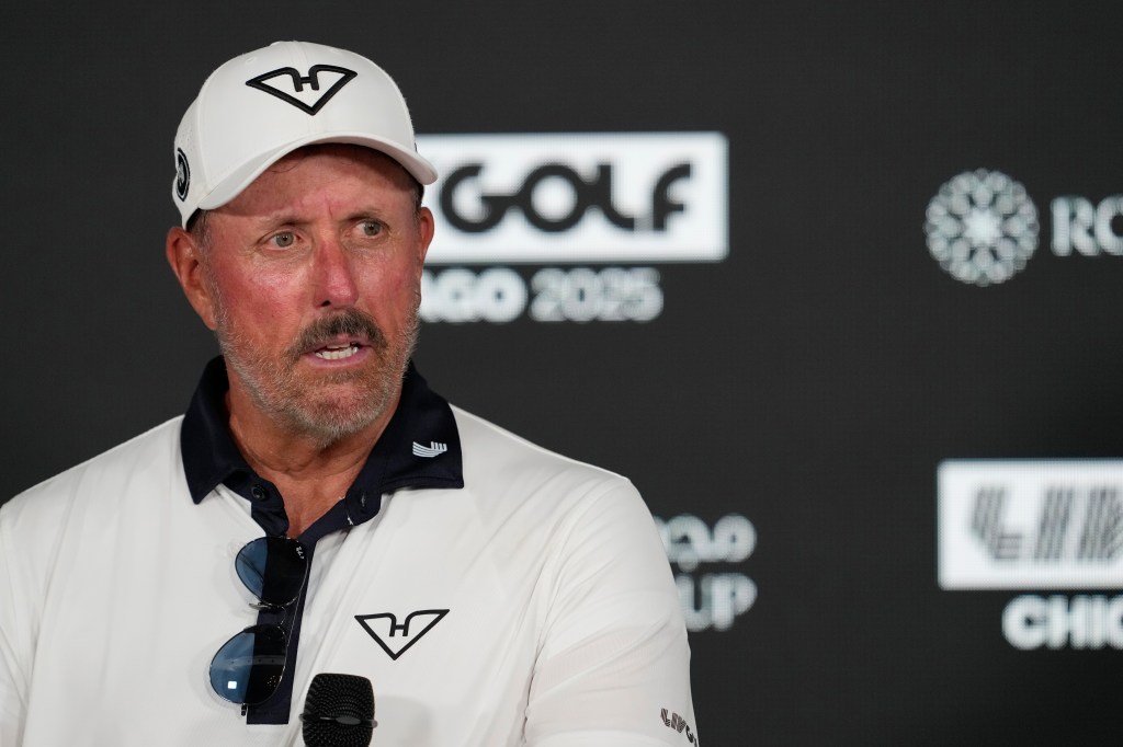 Phil Mickelson of HyFlyers GC is interviewed on day one of LIV Golf Chicago at Bolingbrook Golf Club on August 8, 2025 in Bolingbrook, Illinois. 