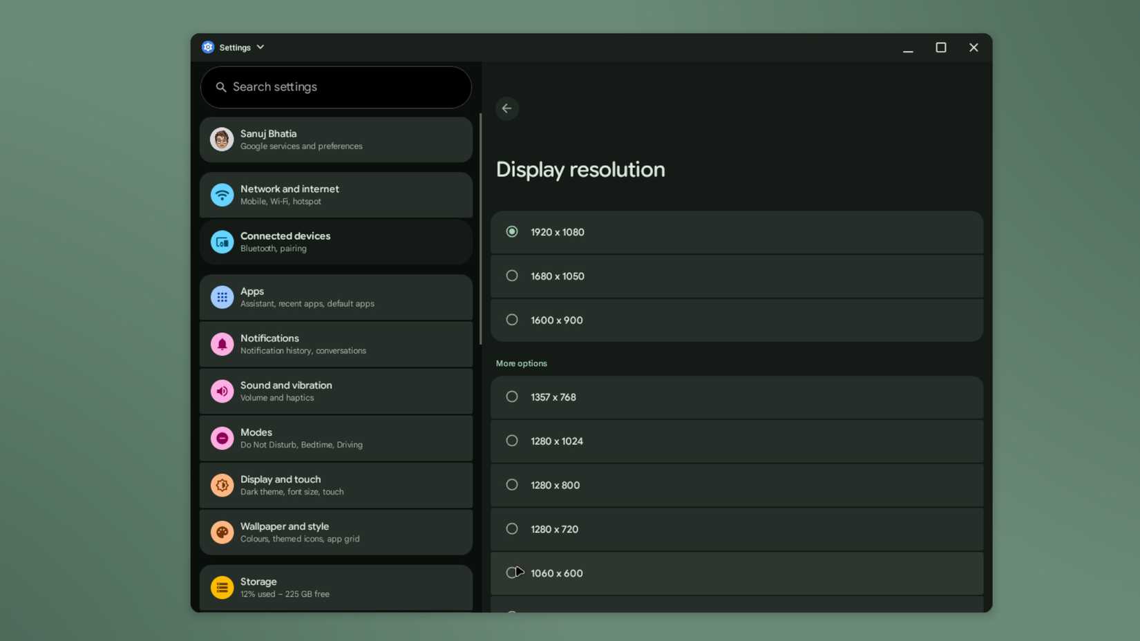 Display resolution selection menu with multiple resolution presets listed