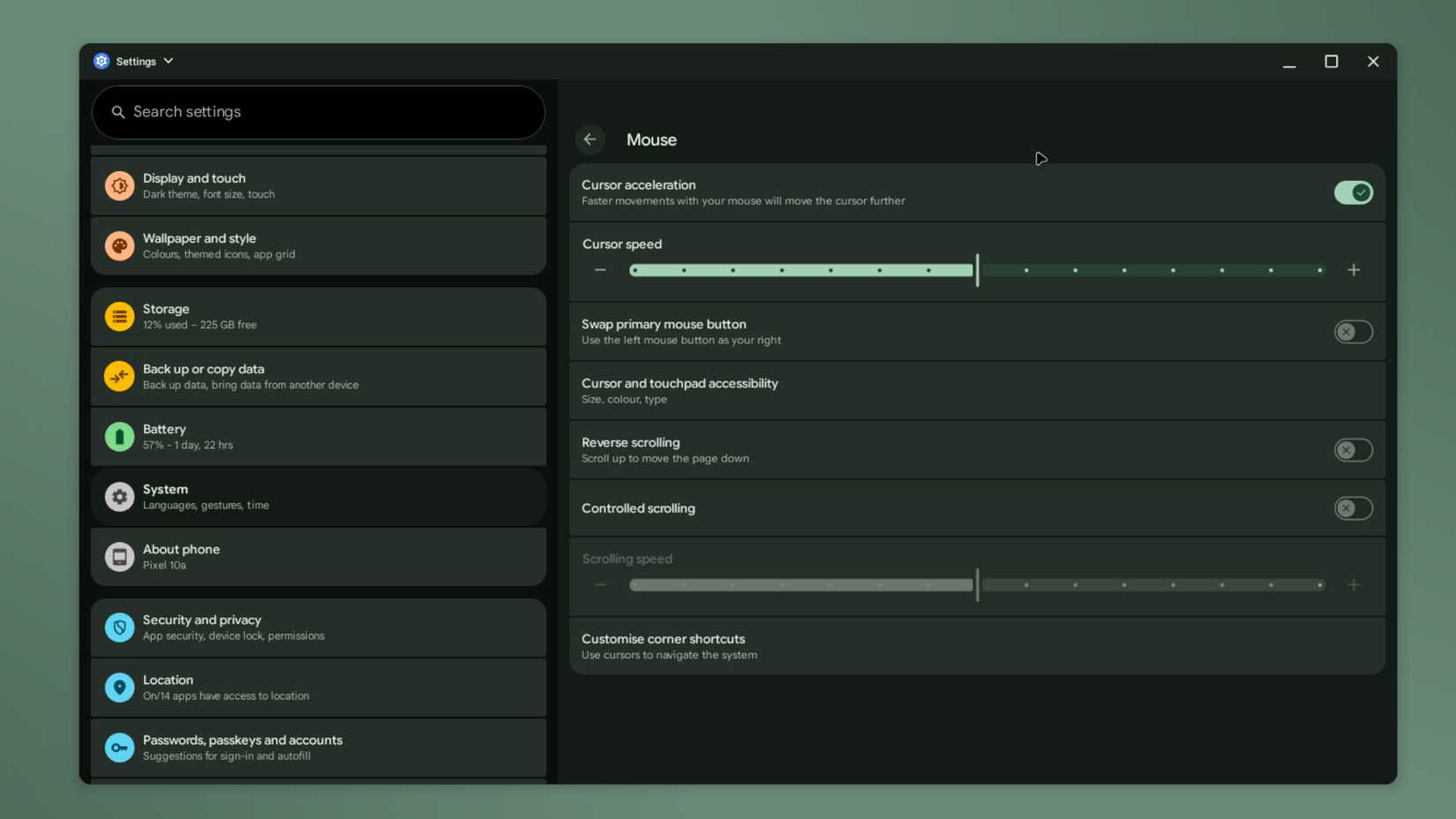 Mouse settings page showing cursor speed and scrolling customization options
