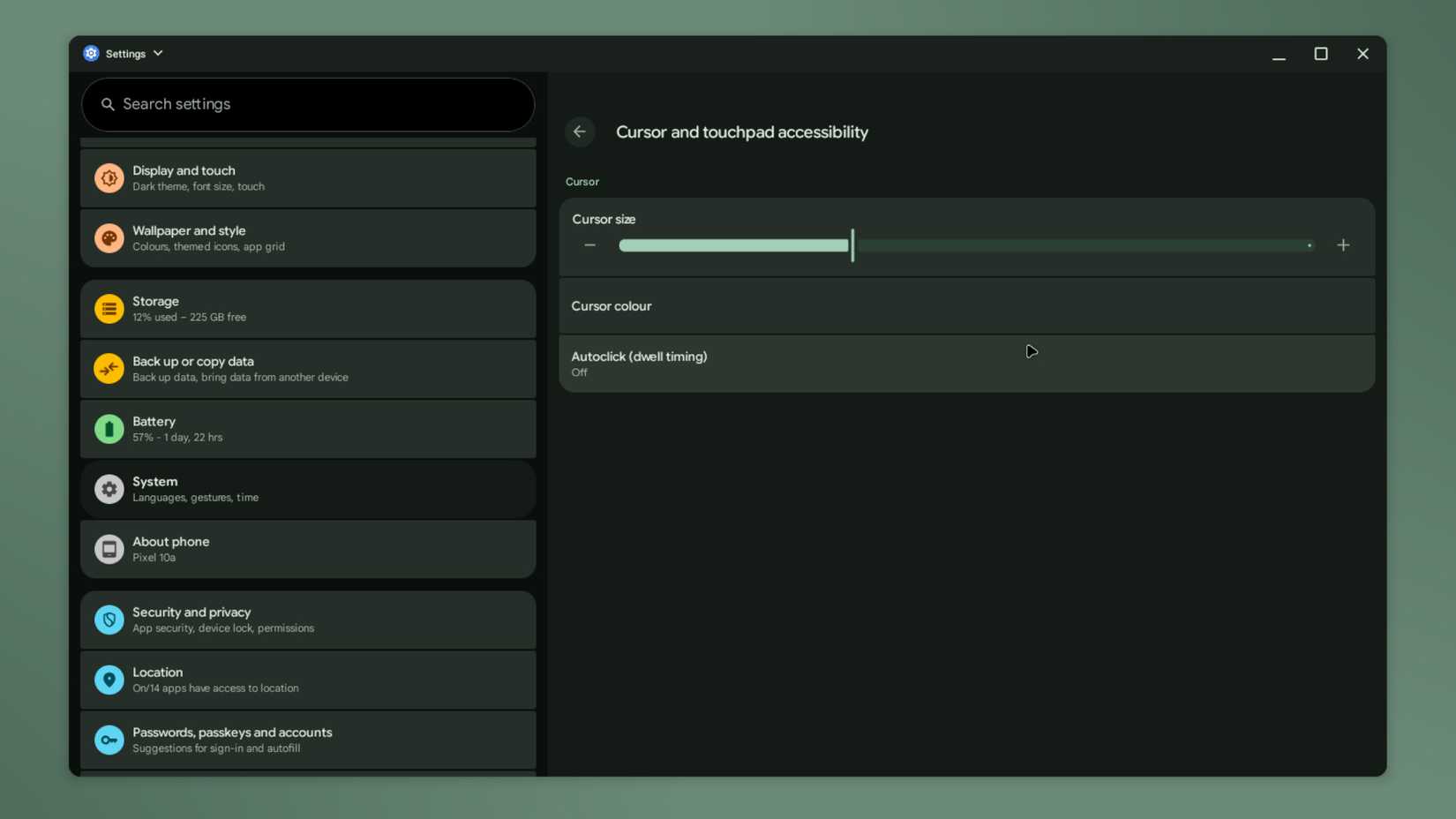 Cursor and touchpad accessibility settings with size and color controls