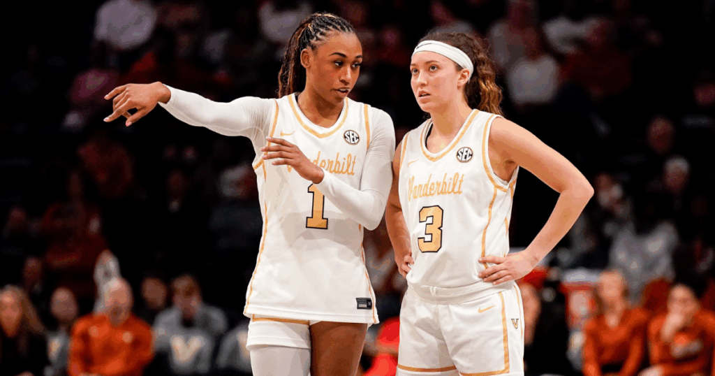 Vanderbilt guard Mikayla Blakes (1) strategizes with guard Aubrey Galvan (3)
