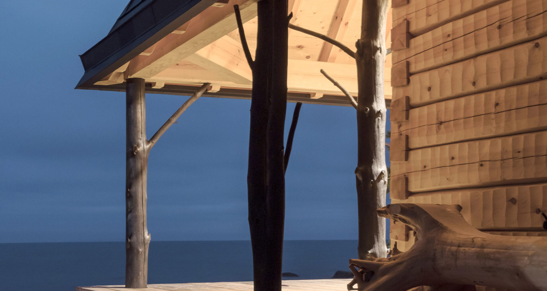 Charred tree trunks support Puusauna by Jaakko Torvinen