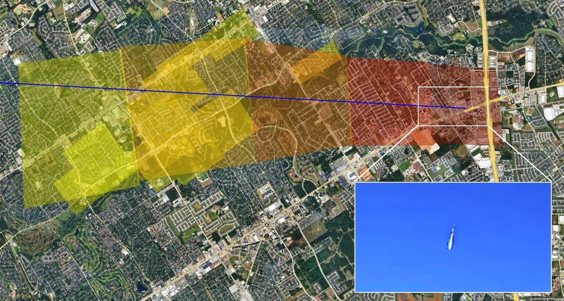 A satellite image is shown overlaid with yellow, orange and red boxes displaying where meteorites may have fallen. The fireball is shown blazing through a blue sky to the bottom right of the image.