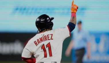 Cleveland Guardians' Jose Ramirez gestures as he runs the bases with a home run in the eighth inning of a baseball game against the Miami Marlins in Cleveland, Tuesday, Aug. 12, 2025. (AP Photo/Sue Ogrocki)