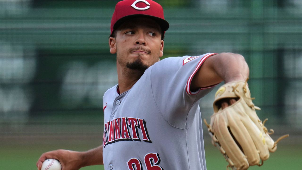 Cincinnati Reds pitcher Chase Burns delivers during the first inning of a baseball game against the Pittsburgh Pirates in Pittsburgh, Friday, Aug. 8, 2025. (AP Photo/Gene J. Puskar)