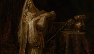 A 17th-century oil painting by Rembrandt of a priest looking at a large book in a temple