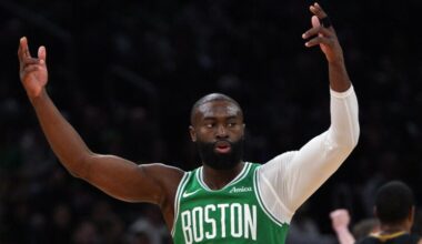 Boston Celtics guard Jaylen Brown (7) reacts after draining a three during the 1st quarter. The Boston Celtics hosted the Golden State Warriors Wednesday, March 18, 2026 at TD Garden in Boston, MA.