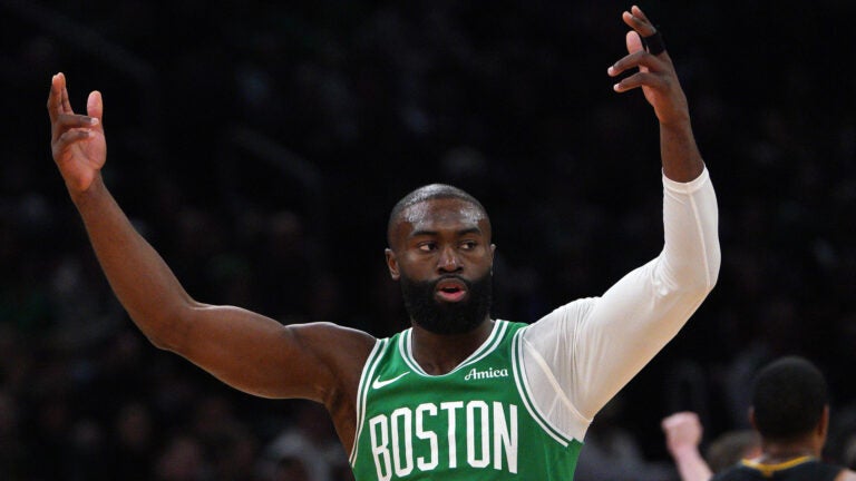 Boston Celtics guard Jaylen Brown (7) reacts after draining a three during the 1st quarter. The Boston Celtics hosted the Golden State Warriors Wednesday, March 18, 2026 at TD Garden in Boston, MA.