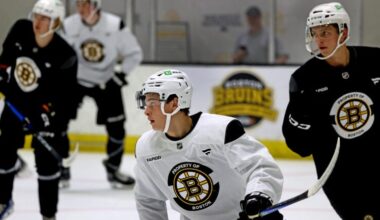Bruins development camp at Warrior Arena in Boston on July 3, 2025, Boston Bruins draft picks James Hagens ( in center white helmet and jersey ).