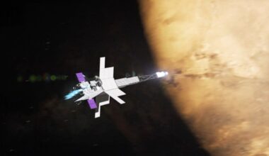 an illustration of a long needle-shaped spacecraft flying towards a red-and-orange orb in space