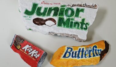 Painted rocks by Elizabeth Saloka that resemble Butterfinger, Kit Kat, and Junior Mints candies