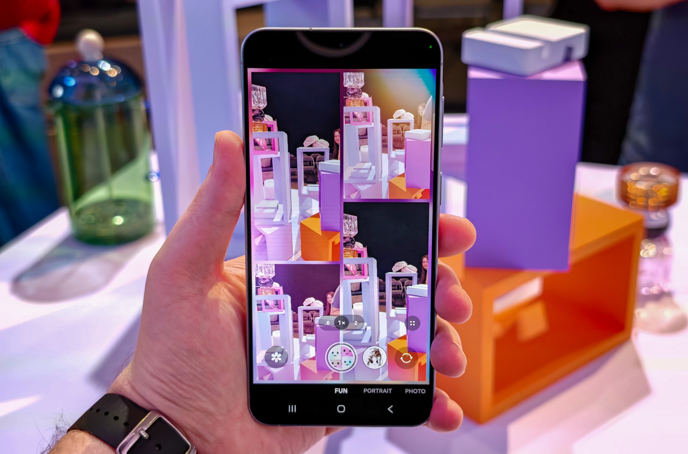 Samsung Galaxy A57 showing camera’s Fun Mode in front of colored cubes