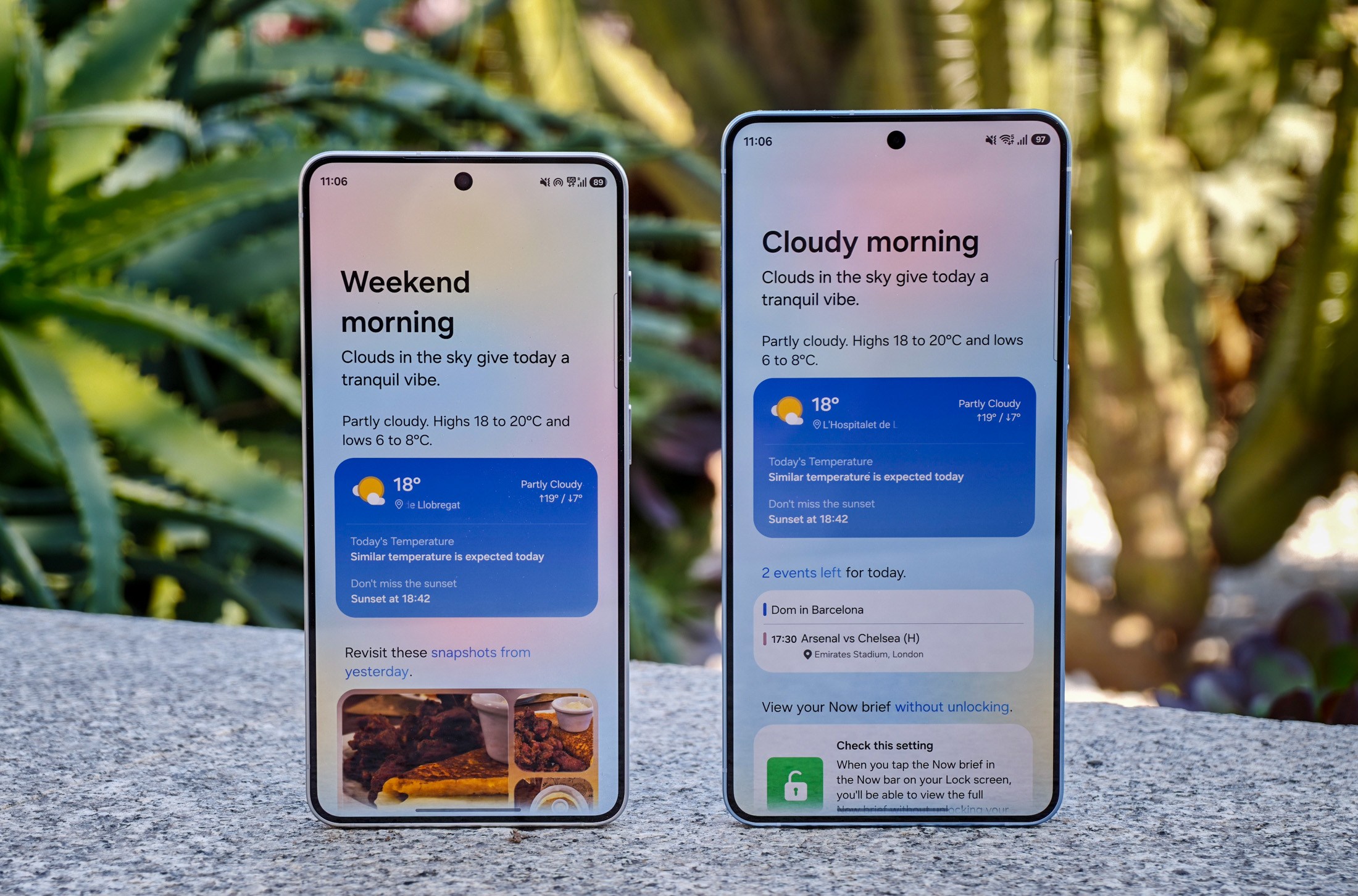 Photo of Samsung Galaxy S26 and Galaxy S26 Plus side by side showing the Now Brief