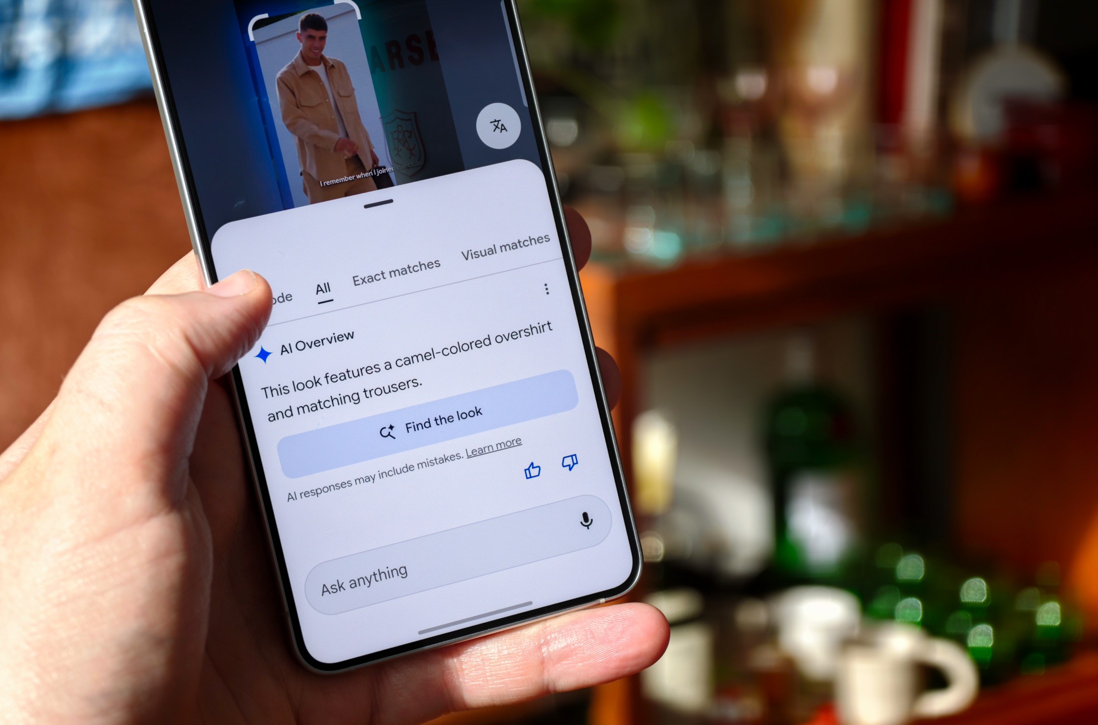 Photo of Circle to Search on a Galaxy S26 showing the option to “Find the look” from a photo of Arsenal player Kai Havertz