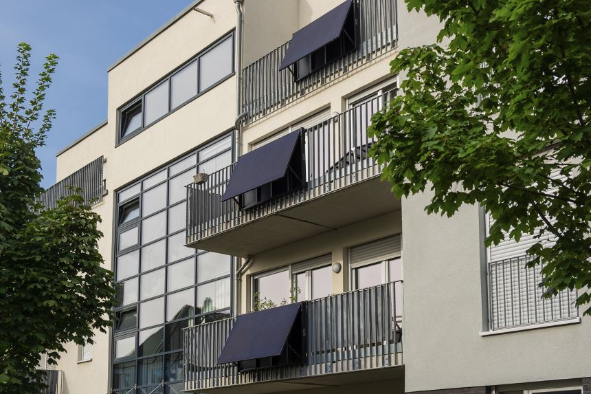 Balcony solar on an apartment block in Düsseldorf, Germany. The country has 1.23 million balcony solar systems installed.