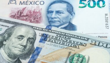 500 Mexican peso and US 100 dollar banknotes. International trade concept