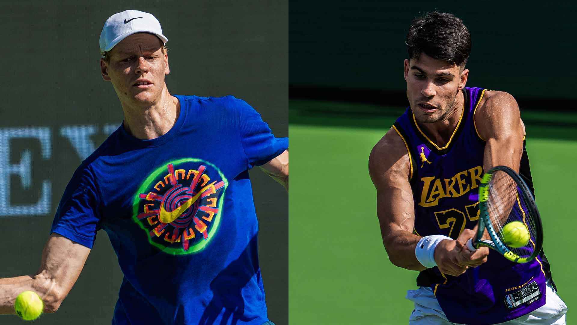Jannik Sinner and Carlos Alcaraz practise ahead of the BNP Paribas Open.