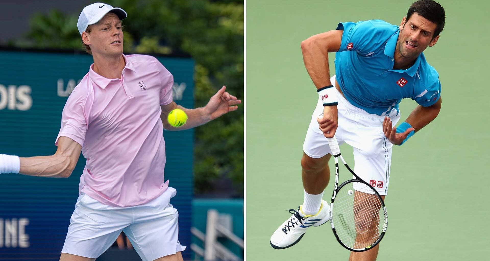 Jannik Sinner in action on Saturday at Hard Rock Stadium; Novak Djokovic during his 2016 Miami title run
