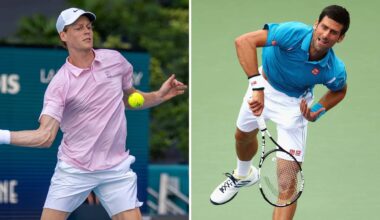 Jannik Sinner in action on Saturday at Hard Rock Stadium; Novak Djokovic during his 2016 Miami title run