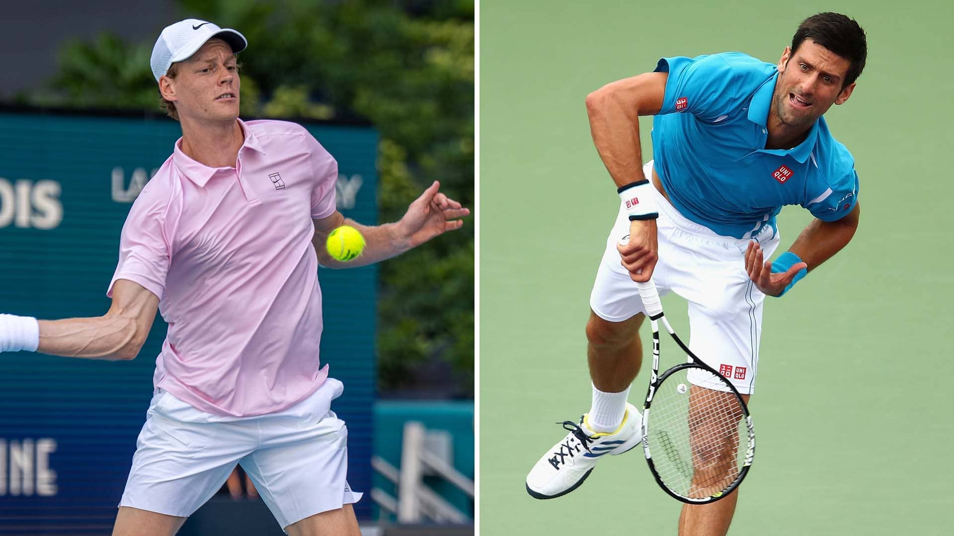 Jannik Sinner in action on Saturday at Hard Rock Stadium; Novak Djokovic during his 2016 Miami title run