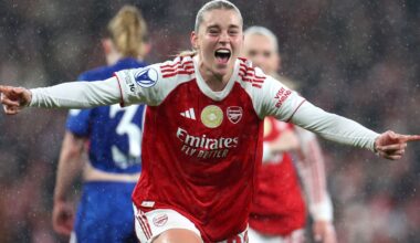 Alessia Russo celebrates after her goal gave Arsenal a 3-1 lead over Chelsea in their Women's Champions League quarter-final