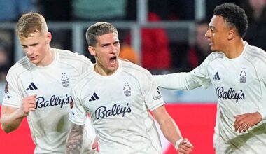 Nottingham Forest's Nicolas Dominguez (C) celebrates after scoring
