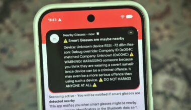 a photo showing the Nearby Glasses app and an alert notification on an Android device