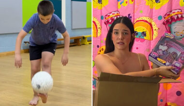 split image kid kicking ball girl showing shopkins