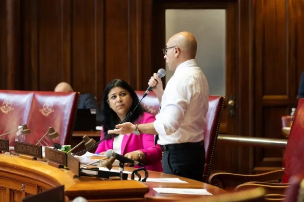 State Sen. Jason Perillo of Shelton says the Democratic-written Senate Bill 3 does not solve the state's healthcare problems. Here, he speaks on the Senate floor as Sen. Sujata Gadkar-Wilcox of Bridgeport listens in June 2025. (Shahrzad Rasekh / CT Mirror)