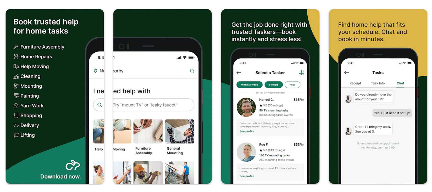several screens of Taskrabbit app