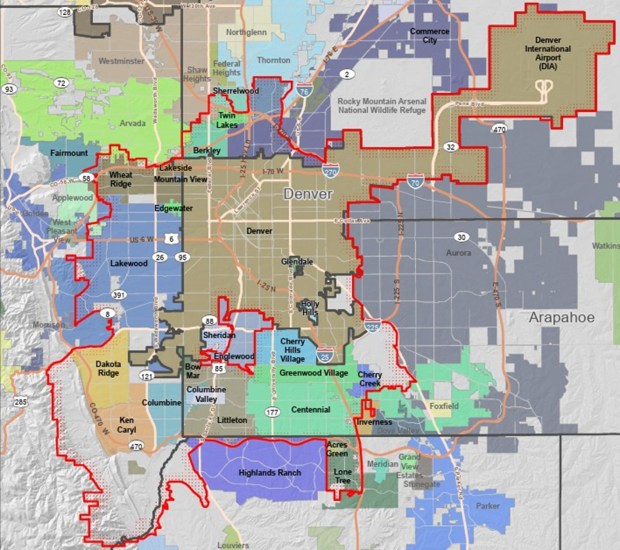 Denver Water's service area, outlined in red on the map, includes the city of Denver and several suburban areas, totaling 1.5 million residents. (click to enlarge) (Courtesy of Denver Water)