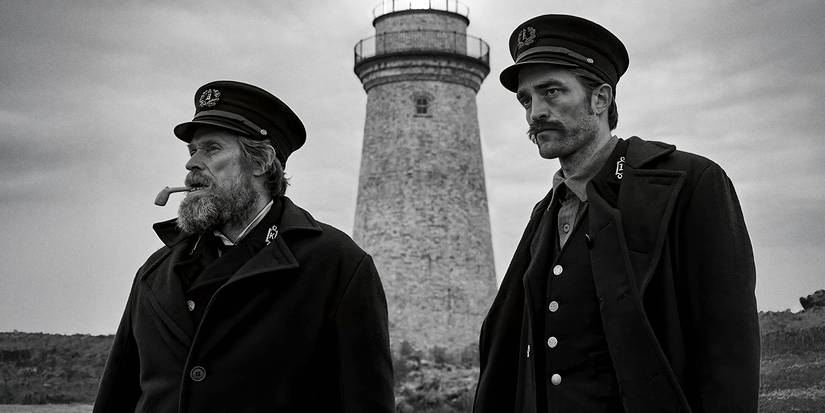 Willem Dafoe as Thomas Wake and Robert Pattinson as Thomas Howard in The Lighthouse.