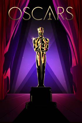 The Oscars Poster Featuring an Oscars Statue Standing in front of a curtain