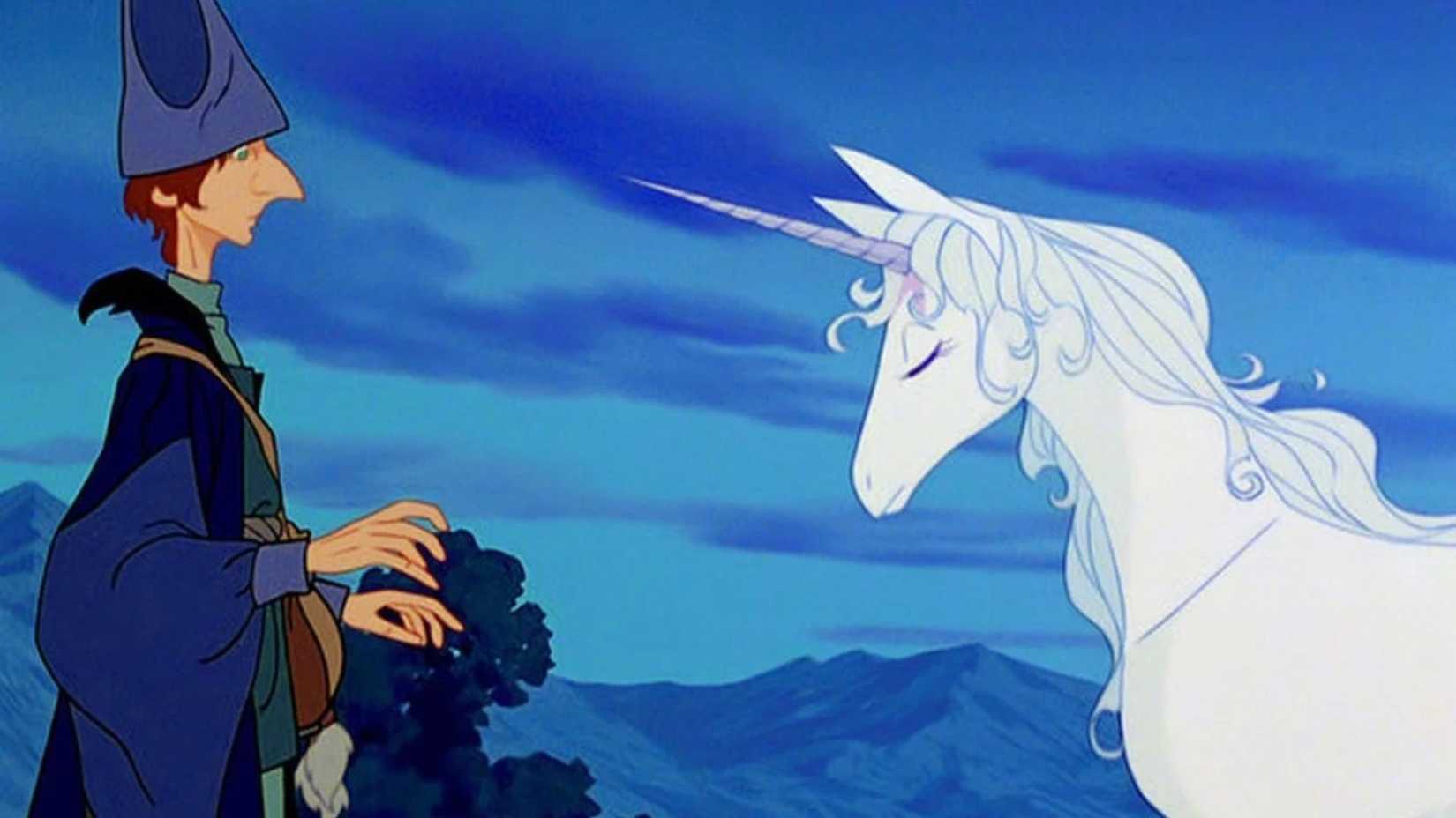 The Unicorn with Schmendrick in The Last Unicorn