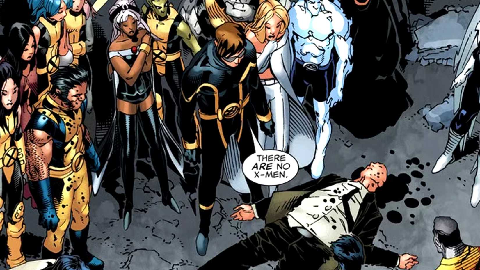 The X-Men gather around Charles Xavier's dead body in Messiah Complex
