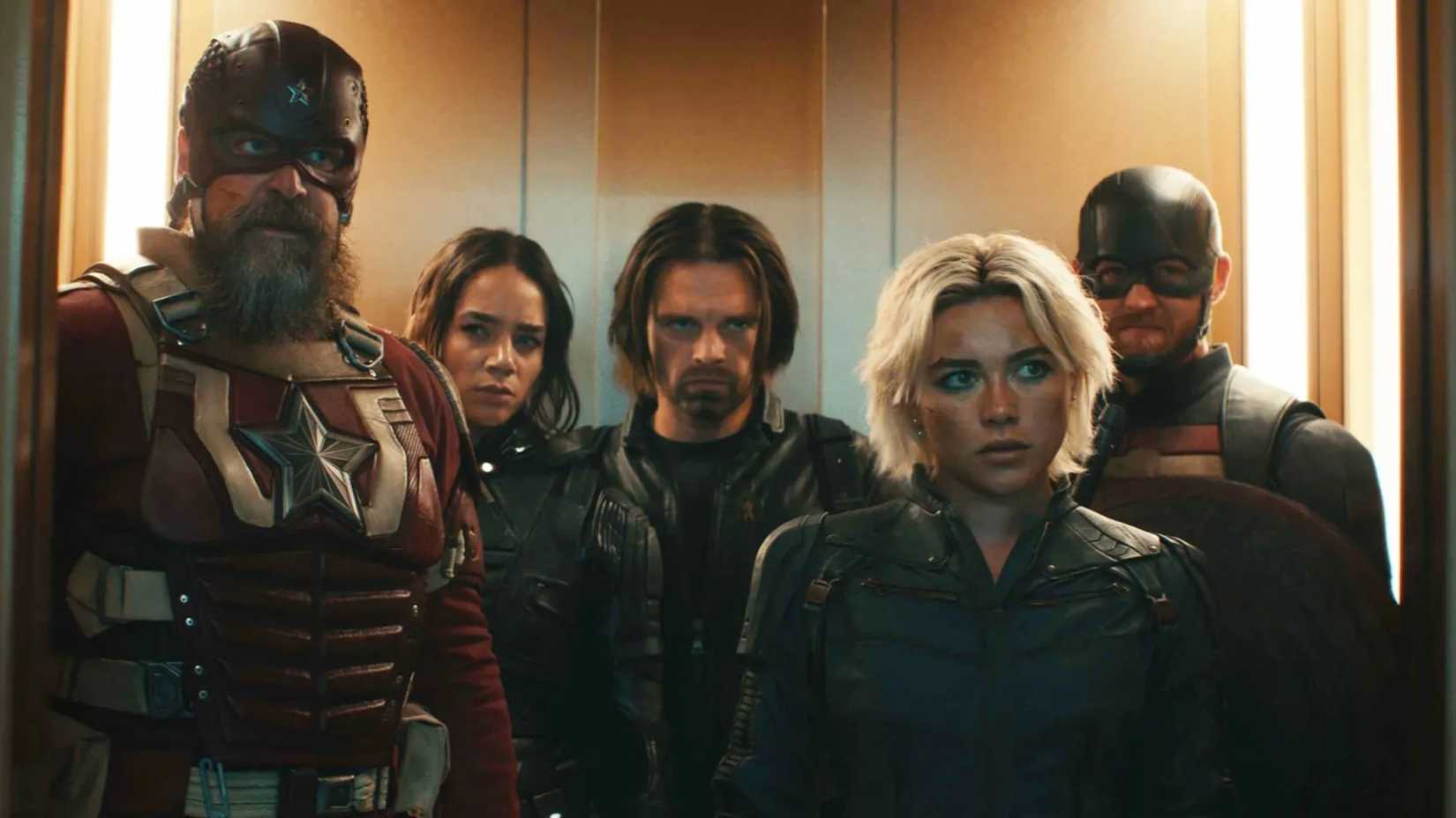 Red Guardian, Ghost, Bucky, Yelena, and John Walker standing together in Thunderbolts*