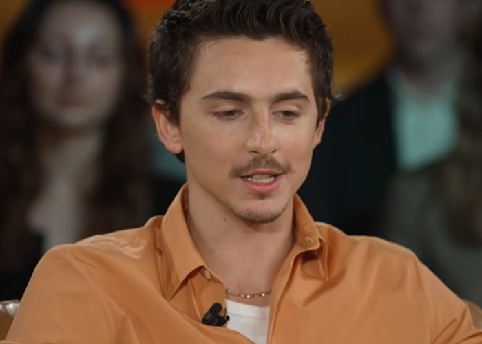 Timothée Chalamet speaking during an interview, wearing a tan shirt, with blurred audience members in the background. Timothée Chalamet speaking during an interview, wearing a tan shirt, with blurred audience members in the background.