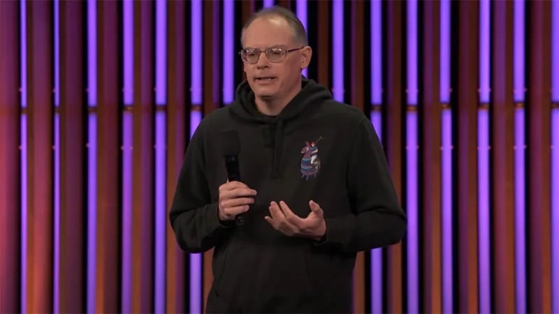 Tim Sweeney appears on stage during an Unreal Fest event.