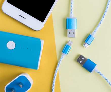 top down view charging cables and plugs.