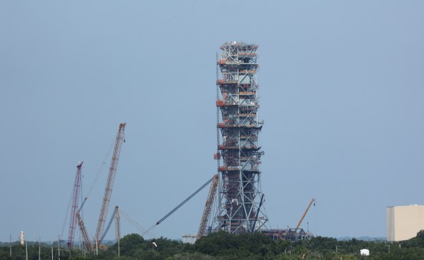 Mobile Launcher 2 under construction, seen from The Gantry at LC-39 during a media tour of The Gantry at LC-39, a new guest experience to visitors of the Kennedy Space Center Visitor Complex, on Thursday, July 10, 2025. (Ricardo Ramirez Buxeda/Orlando Sentinel)