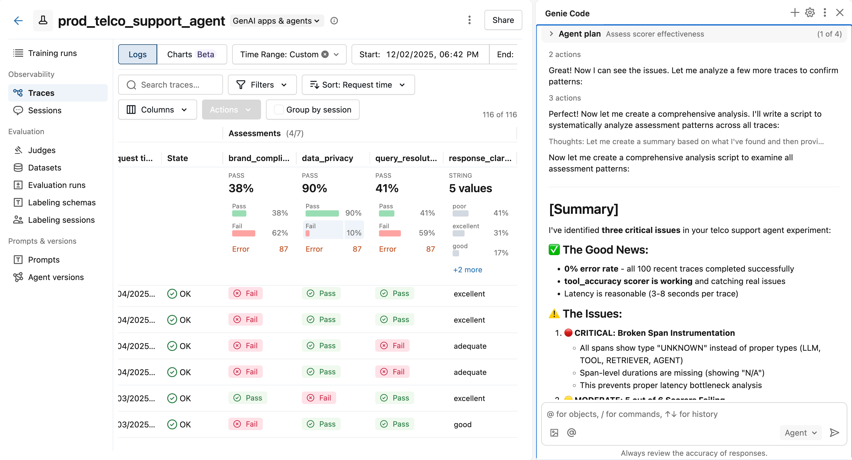 Perform agent quality analysis with Genie Code